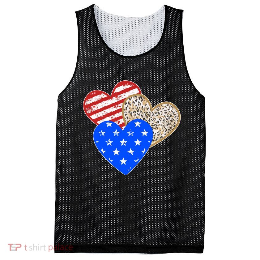 Patriotic Leopard Print Stars And Stripes Hearts Mesh Reversible Basketball Jersey Tank