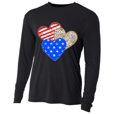Patriotic Leopard Print Stars And Stripes Hearts Cooling Performance Long Sleeve Crew