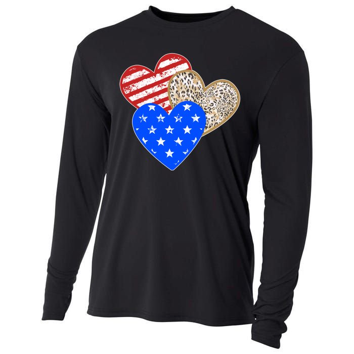 Patriotic Leopard Print Stars And Stripes Hearts Cooling Performance Long Sleeve Crew