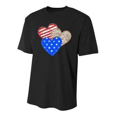 Patriotic Leopard Print Stars And Stripes Hearts Youth Performance Sprint T-Shirt