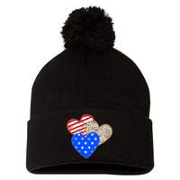 Patriotic Leopard Print Stars And Stripes Hearts Pom Pom 12in Knit Beanie