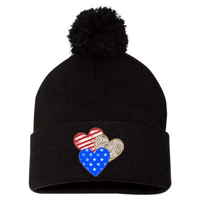 Patriotic Leopard Print Stars And Stripes Hearts Pom Pom 12in Knit Beanie