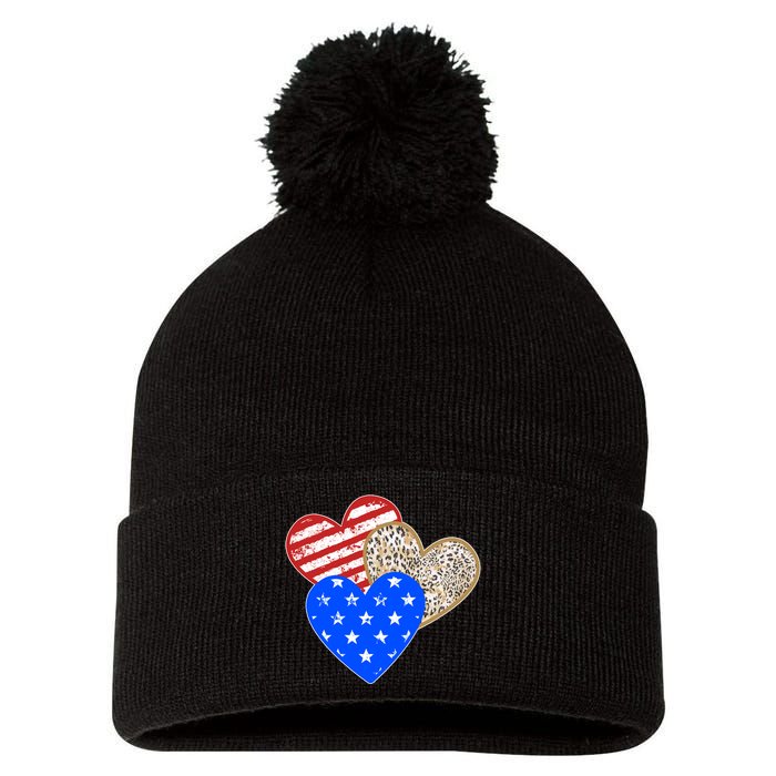 Patriotic Leopard Print Stars And Stripes Hearts Pom Pom 12in Knit Beanie