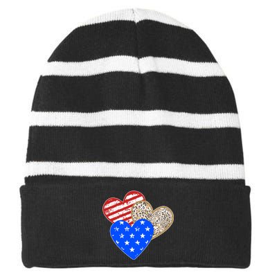 Patriotic Leopard Print Stars And Stripes Hearts Striped Beanie with Solid Band