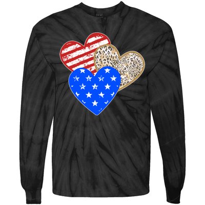 Patriotic Leopard Print Stars And Stripes Hearts Tie-Dye Long Sleeve Shirt