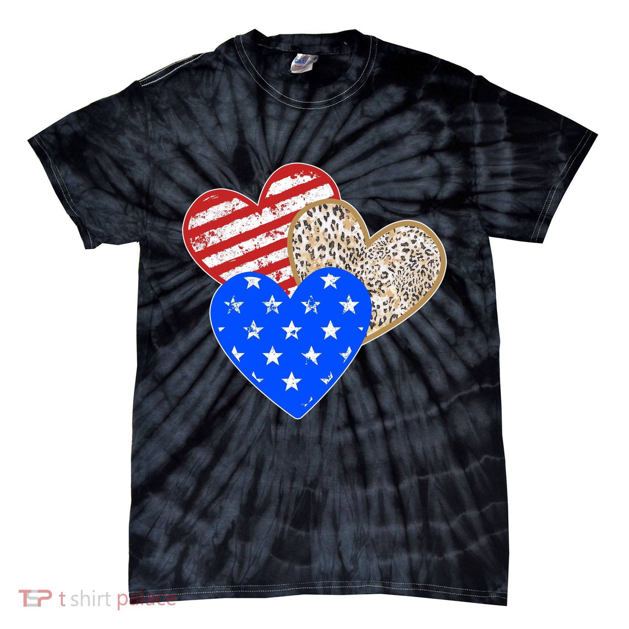 Patriotic Leopard Print Stars And Stripes Hearts Tie-Dye T-Shirt