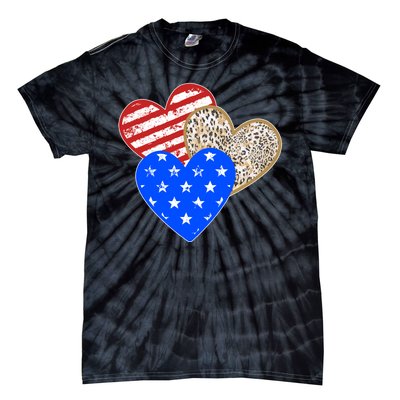 Patriotic Leopard Print Stars And Stripes Hearts Tie-Dye T-Shirt