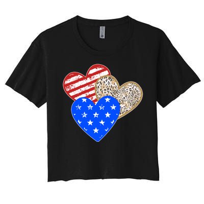 Patriotic Leopard Print Stars And Stripes Hearts Women's Crop Top Tee