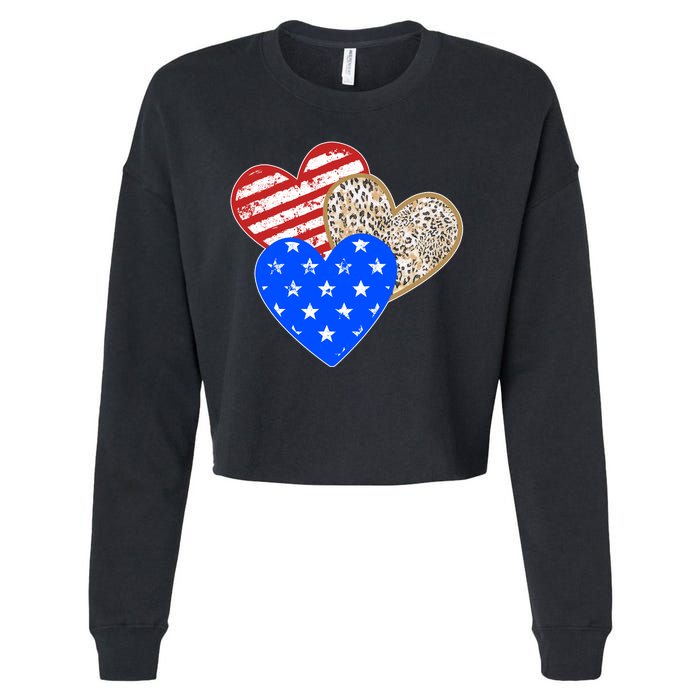 Patriotic Leopard Print Stars And Stripes Hearts Cropped Pullover Crew