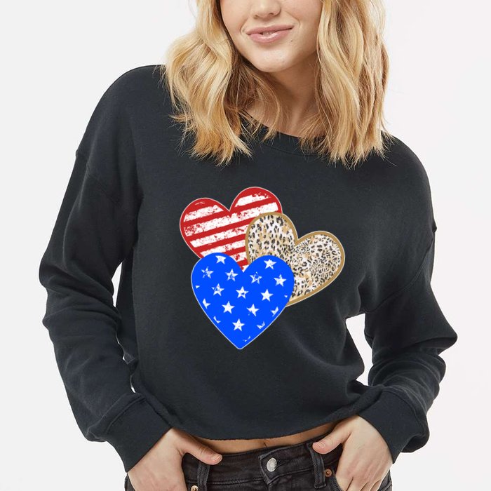Patriotic Leopard Print Stars And Stripes Hearts Cropped Pullover Crew