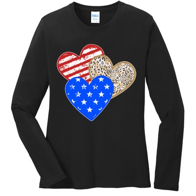 Patriotic Leopard Print Stars And Stripes Hearts Ladies Long Sleeve Shirt