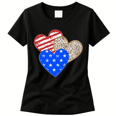 Patriotic Leopard Print Stars And Stripes Hearts Womens T-Shirt