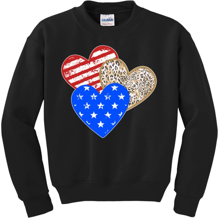 Patriotic Leopard Print Stars And Stripes Hearts Kids Sweatshirt