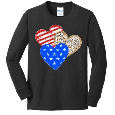 Patriotic Leopard Print Stars And Stripes Hearts Kids Long Sleeve Shirt