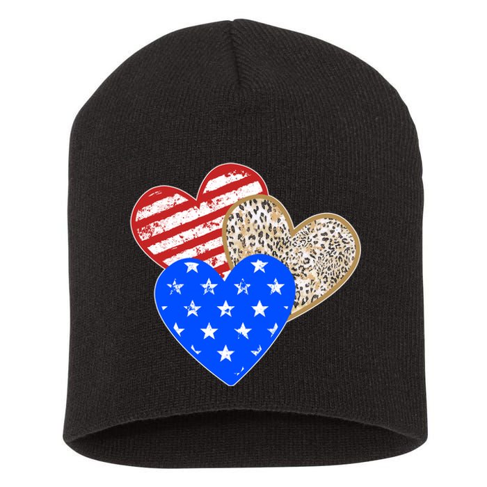 Patriotic Leopard Print Stars And Stripes Hearts Short Acrylic Beanie