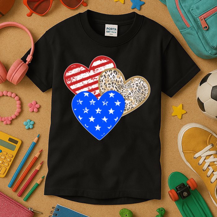 Patriotic Leopard Print Stars And Stripes Hearts Kids T-Shirt