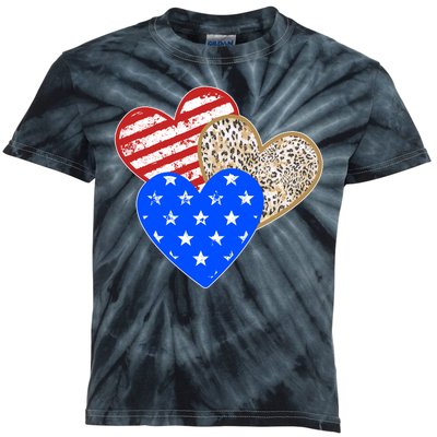 Patriotic Leopard Print Stars And Stripes Hearts Kids Tie-Dye T-Shirt