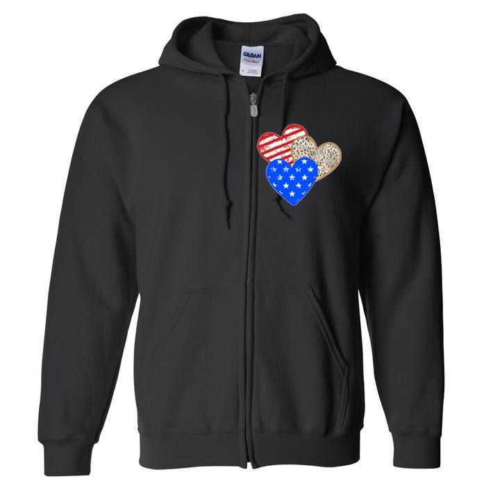 Patriotic Leopard Print Stars And Stripes Hearts Full Zip Hoodie