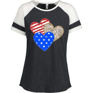 Patriotic Leopard Print Stars And Stripes Hearts Enza Ladies Jersey Colorblock Tee