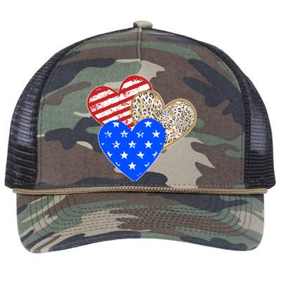 Patriotic Leopard Print Stars And Stripes Hearts Retro Rope Trucker Hat Cap