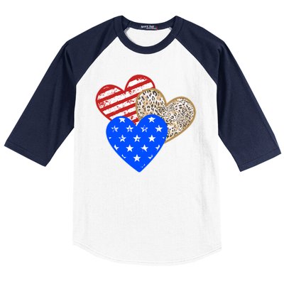 Patriotic Leopard Print Stars And Stripes Hearts Baseball Sleeve Shirt