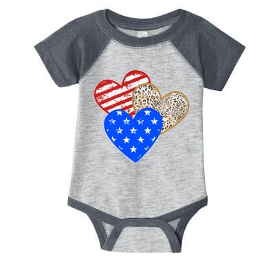 Patriotic Leopard Print Stars And Stripes Hearts Infant Baby Jersey Bodysuit