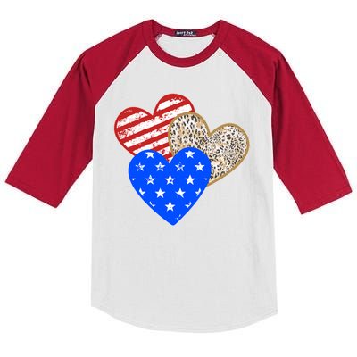 Patriotic Leopard Print Stars And Stripes Hearts Kids Colorblock Raglan Jersey