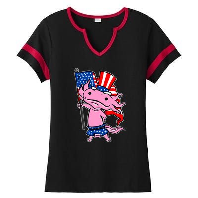 Patriotic Axolotl USA Flag Funny 4th Of July United States Ladies Halftime Notch Neck Tee