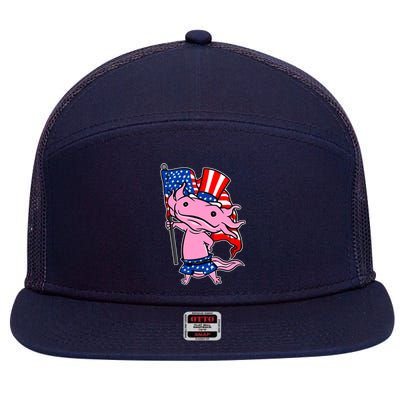 Patriotic Axolotl USA Flag Funny 4th Of July United States 7 Panel Mesh Trucker Snapback Hat