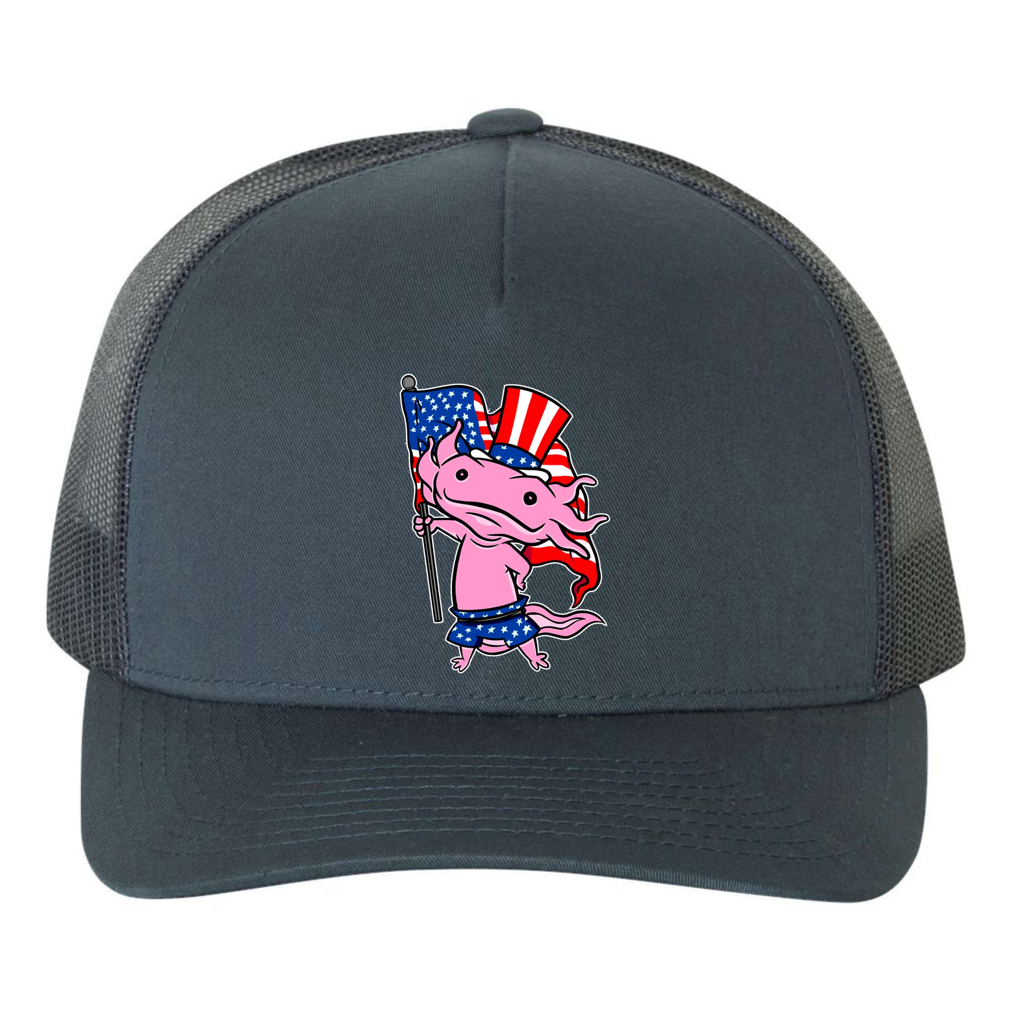Patriotic Axolotl USA Flag Funny 4th Of July United States Yupoong Adult 5-Panel Trucker Hat