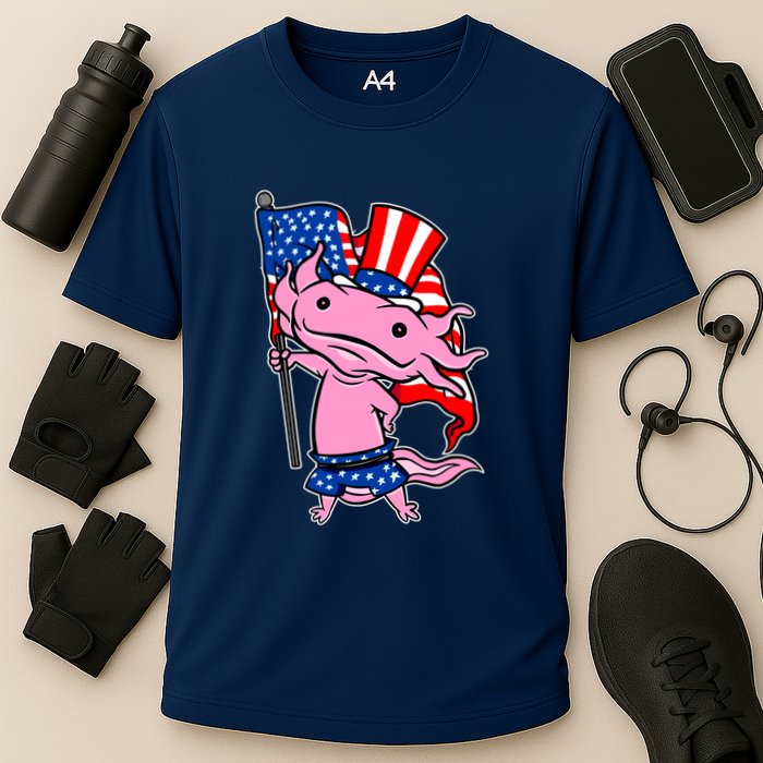 Patriotic Axolotl USA Flag Funny 4th Of July United States Cooling Performance Crew T-Shirt