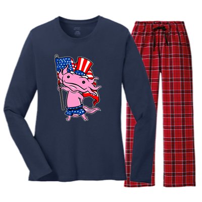 Patriotic Axolotl USA Flag Funny 4th Of July United States Women's Long Sleeve Flannel Pajama Set 