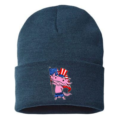 Patriotic Axolotl USA Flag Funny 4th Of July United States Sustainable Knit Beanie