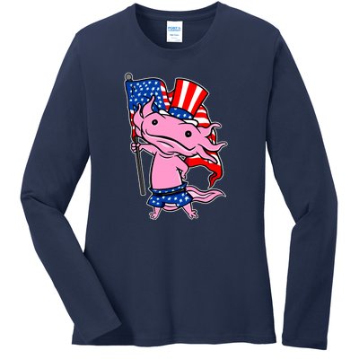 Patriotic Axolotl USA Flag Funny 4th Of July United States Ladies Long Sleeve Shirt