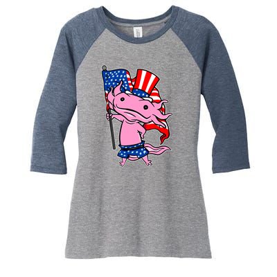 Patriotic Axolotl USA Flag Funny 4th Of July United States Women's Tri-Blend 3/4-Sleeve Raglan Shirt