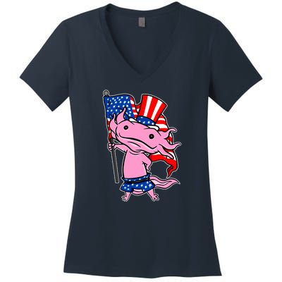 Patriotic Axolotl USA Flag Funny 4th Of July United States Women's V-Neck T-Shirt