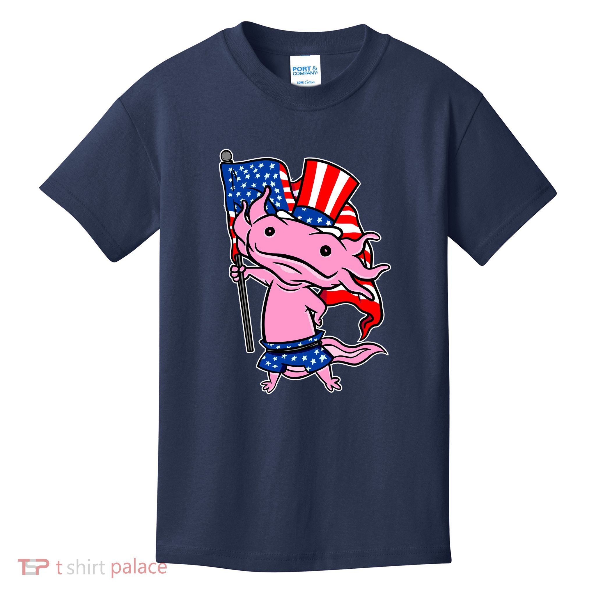 Patriotic Axolotl USA Flag Funny 4th Of July United States Kids T-Shirt