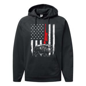 Patriotic American Usa Flag Boar Hunting Wild Hog Hunter Performance Fleece Hoodie