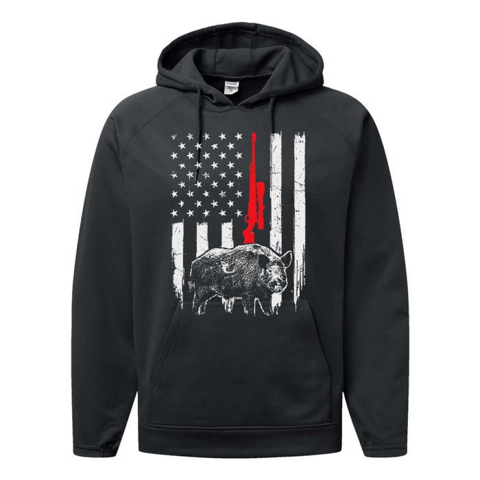 Patriotic American Usa Flag Boar Hunting Wild Hog Hunter Performance Fleece Hoodie