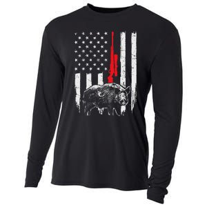 Patriotic American Usa Flag Boar Hunting Wild Hog Hunter Cooling Performance Long Sleeve Crew