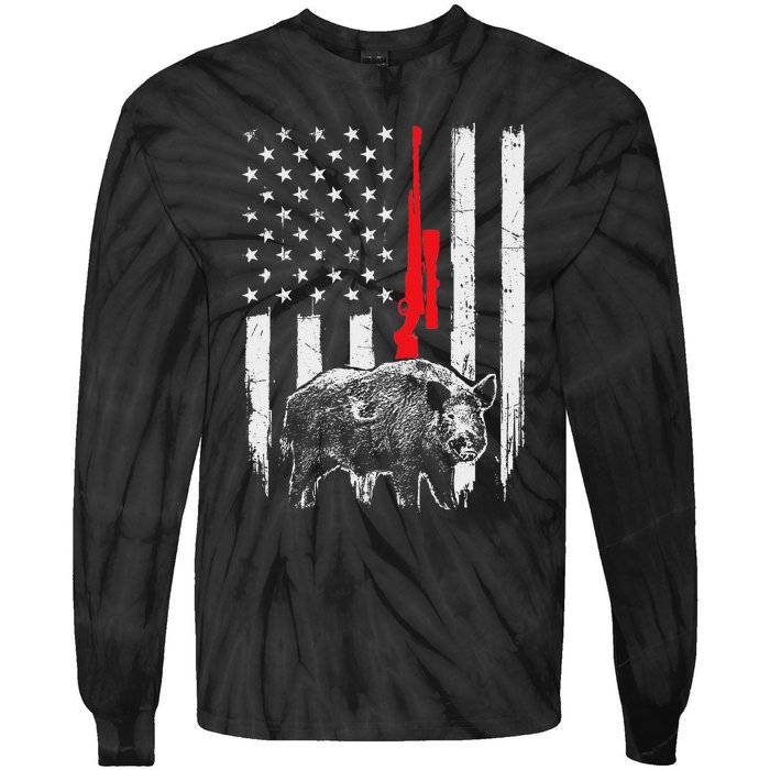 Patriotic American Usa Flag Boar Hunting Wild Hog Hunter Tie-Dye Long Sleeve Shirt