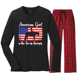 Proud American Usa Flag Who Loves Horses. Women's Long Sleeve Flannel Pajama Set 