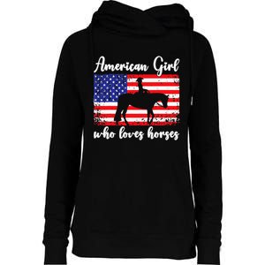 Proud American Usa Flag Who Loves Horses. Womens Funnel Neck Pullover Hood