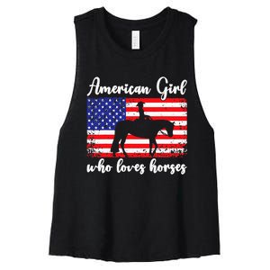 Proud American Usa Flag Who Loves Horses. Women's Racerback Cropped Tank