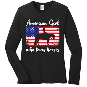 Proud American Usa Flag Who Loves Horses. Ladies Long Sleeve Shirt