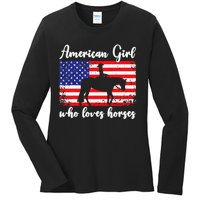 Proud American Usa Flag Who Loves Horses. Ladies Long Sleeve Shirt