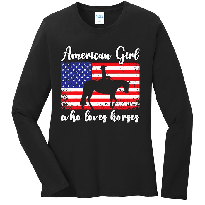 Proud American Usa Flag Who Loves Horses. Ladies Long Sleeve Shirt