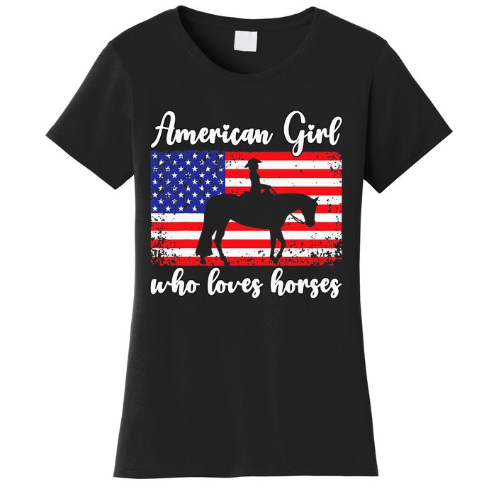 Proud American Usa Flag Who Loves Horses. Women's T-Shirt