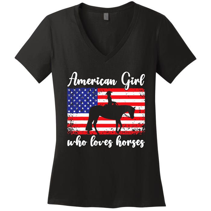 Proud American Usa Flag Who Loves Horses. Women's V-Neck T-Shirt