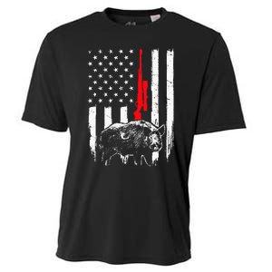 Patriotic American USA Flag Boar Hunting Wild Hog Hunter Cooling Performance Crew T-Shirt